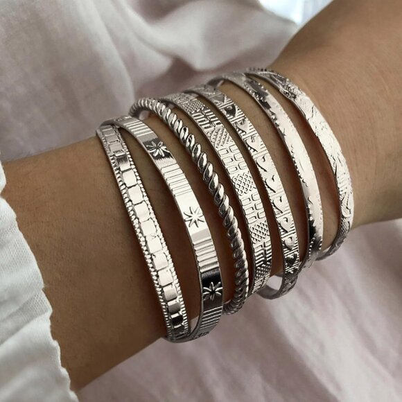 Silver Bangle Bracelet For Women 14k Plated Multi Layer Cuff Bracelets Set Trend - Picture 3 of 6